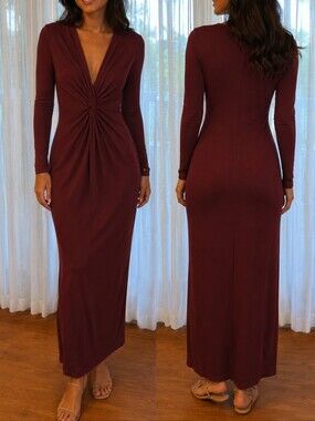 Long Sleeve Twist-Front Maxi Dress in Deep Burgundy